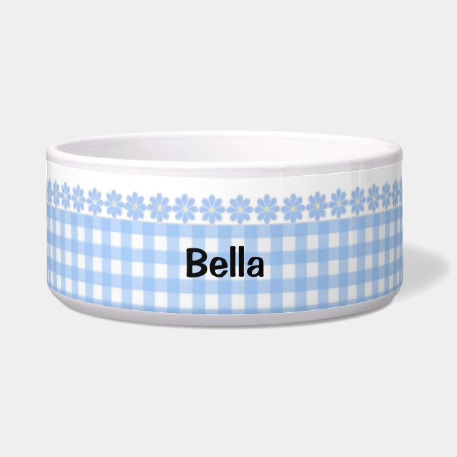 Blue Gingham and Flowers Ceramic Dog Bowl (Front)