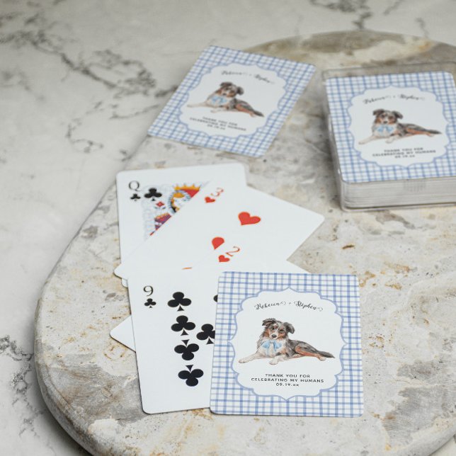 Blue Gingham | Aussie Dog Illustration Wedding Playing Cards (Creator Uploaded)