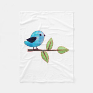 Blue Gingham Baby Bird with Embroidery Leaves Fleece Blanket