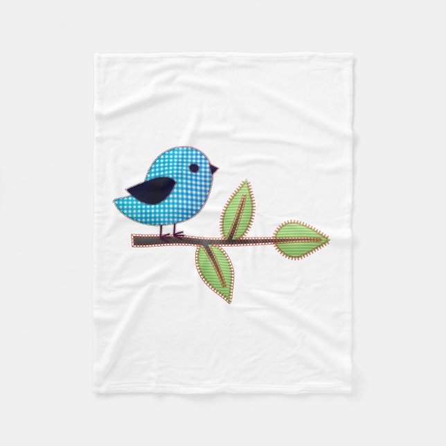 Blue Gingham Baby Bird with Embroidery Leaves Fleece Blanket (Front)