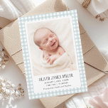 Blue Gingham Baby Birth Announcement Photo Card<br><div class="desc">Announce your baby’s arrival with a cute birth announcement photo card.
Replace the photos on this card with your own photos.
Add your own details and message and start spreading the news.</div>