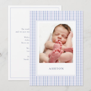 Blue Gingham Baby Boy Birth Announcement Card