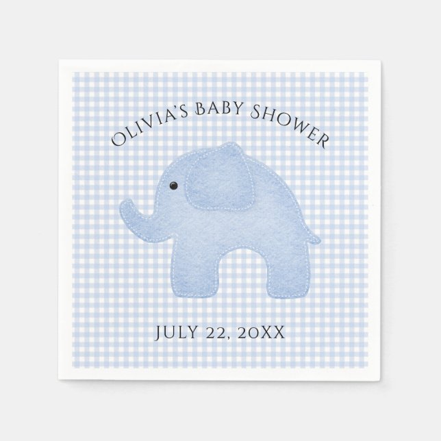 Blue Gingham Baby Boy Elephant Baby Shower Paper Napkin (Front)