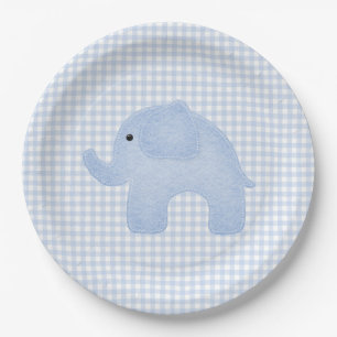 Blue Gingham Baby Boy Elephant Baby Shower Paper Plate