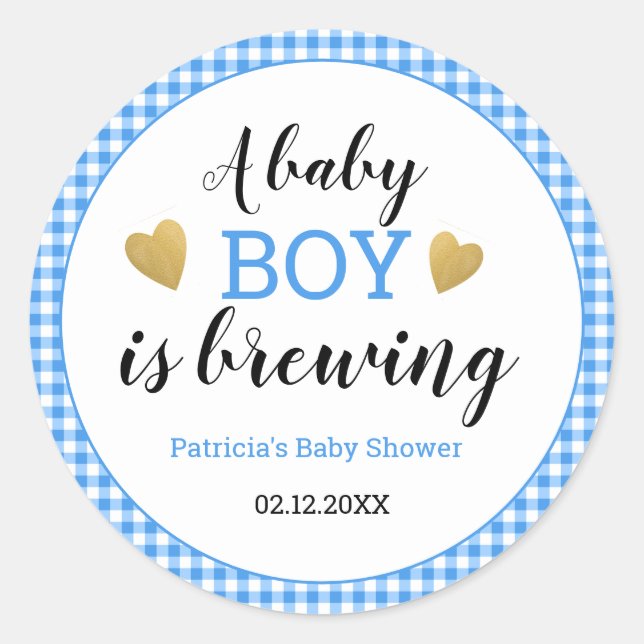  Blue Gingham Baby Boy Is Brewing Baby Shower Classic Round Sticker (Front)