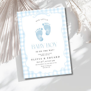 Blue Gingham Baby Boy Shower Editable Footprints Invitation
