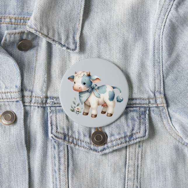Blue Gingham Baby Cow Pastel Farm Aesthetic 3 Inch Round Button (In Situ)