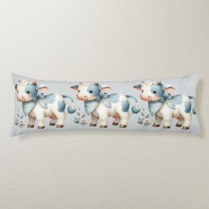 Blue Gingham Baby Cow Pastel Farm Aesthetic Body Pillow