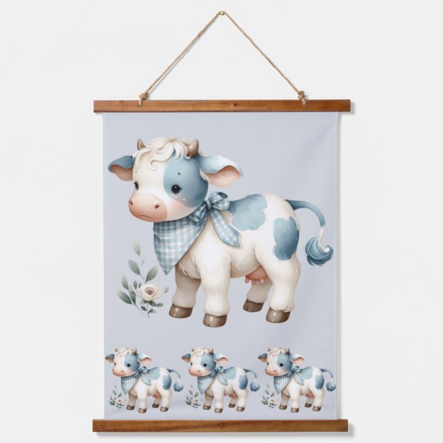 Blue Gingham Baby Cow Pastel Farm Aesthetic Hanging Tapestry (Front)