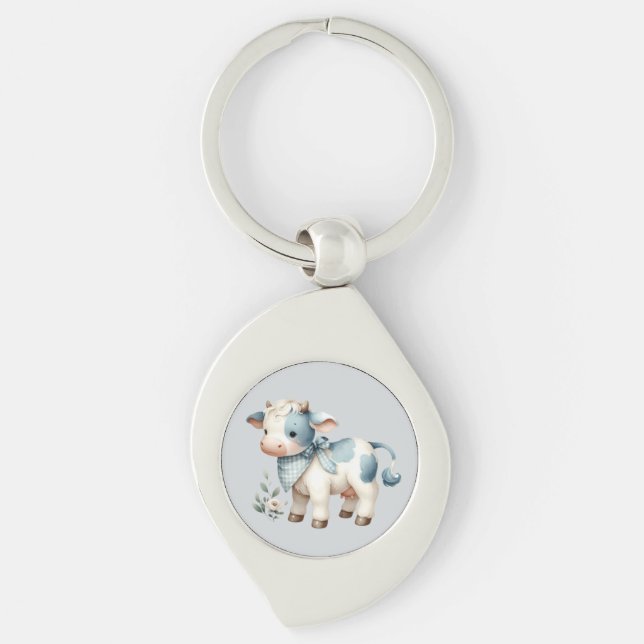 Blue Gingham Baby Cow Pastel Farm Aesthetic Keychain (Front)