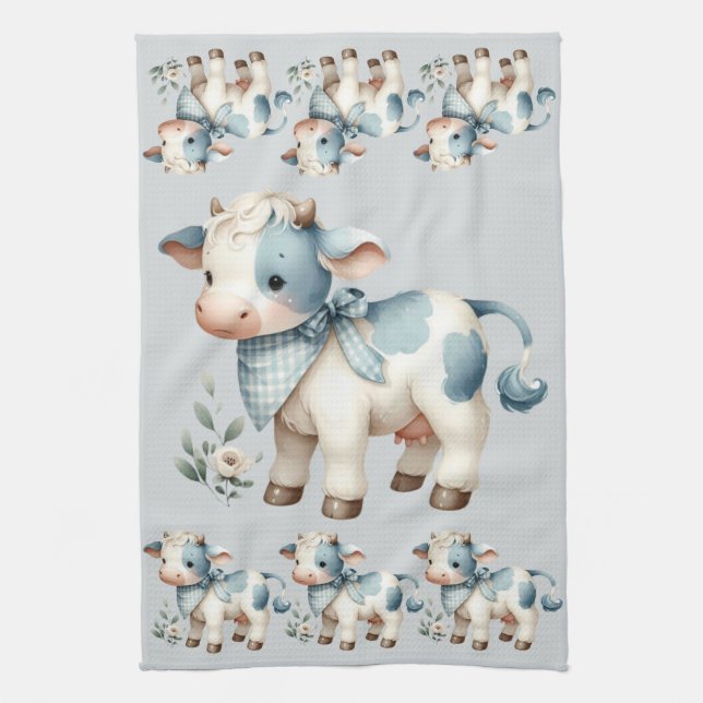 Blue Gingham Baby Cow Pastel Farm Aesthetic Kitchen Towel (Vertical)