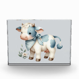 Blue Gingham Baby Cow Pastel Farm Aesthetic Photo Block