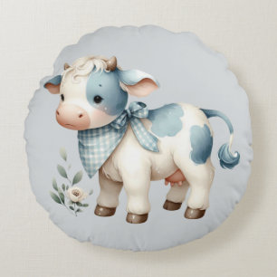 Blue Gingham Baby Cow Pastel Farm Aesthetic Round Pillow