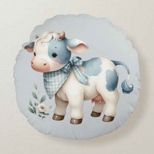 Blue Gingham Baby Cow Pastel Farm Aesthetic Round Pillow (Front)