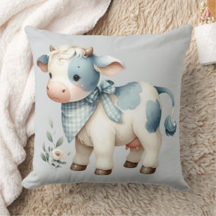 Blue Gingham Baby Cow Pastel Farm Aesthetic Throw Pillow