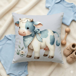 Blue Gingham Baby Cow Pastel Farm Aesthetic Throw Pillow