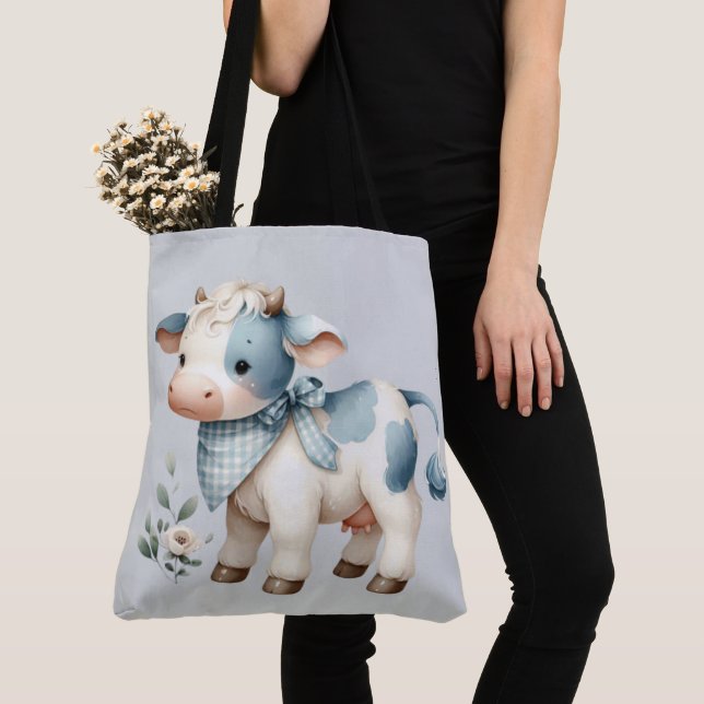 Blue Gingham Baby Cow Pastel Farm Aesthetic Tote Bag (Close Up)