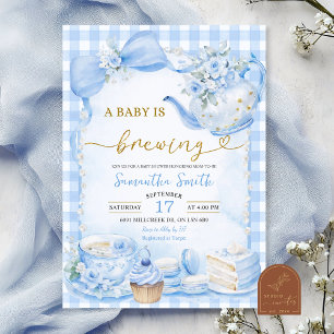 Blue Gingham Baby is Brewing Baby Shower Invitation