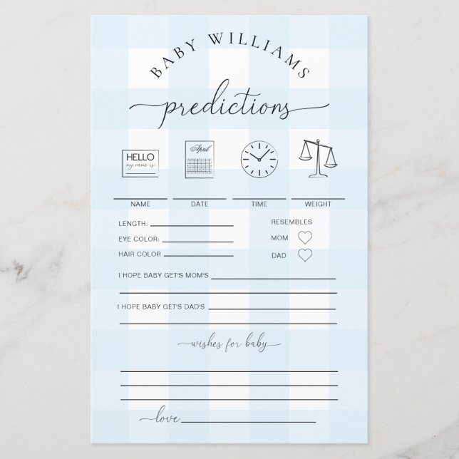 Blue Gingham Baby Predictions Game (Front)