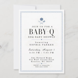 Blue Gingham Baby-Q BBQ Baby Shower Invitation