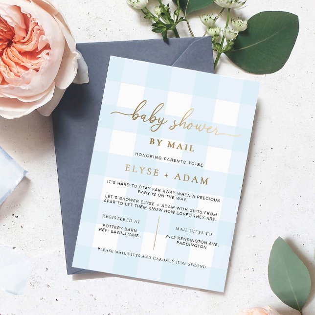 Blue Gingham Baby Shower By Mail Foil Invitation (Creator Uploaded)
