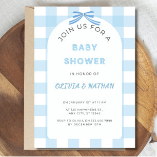 Blue Gingham Baby Shower Invitation, Blue Baby Boy Invitation