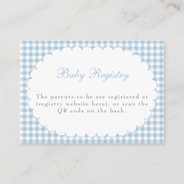 Blue Gingham Baby Shower Registry QR Code Card (Front)