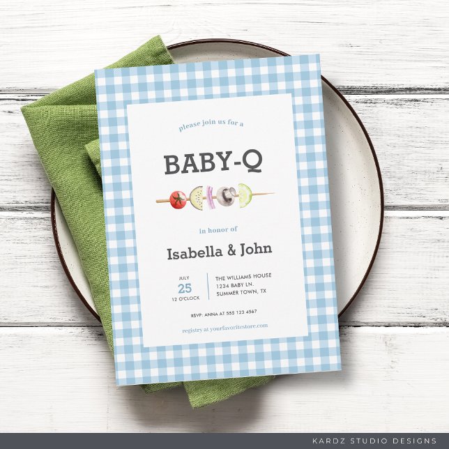 Blue Gingham BabyQ Couple Baby Shower Invitation (Invite shown in 5 x 7 inches with square corner, choose size, paper and corner style before checkout)