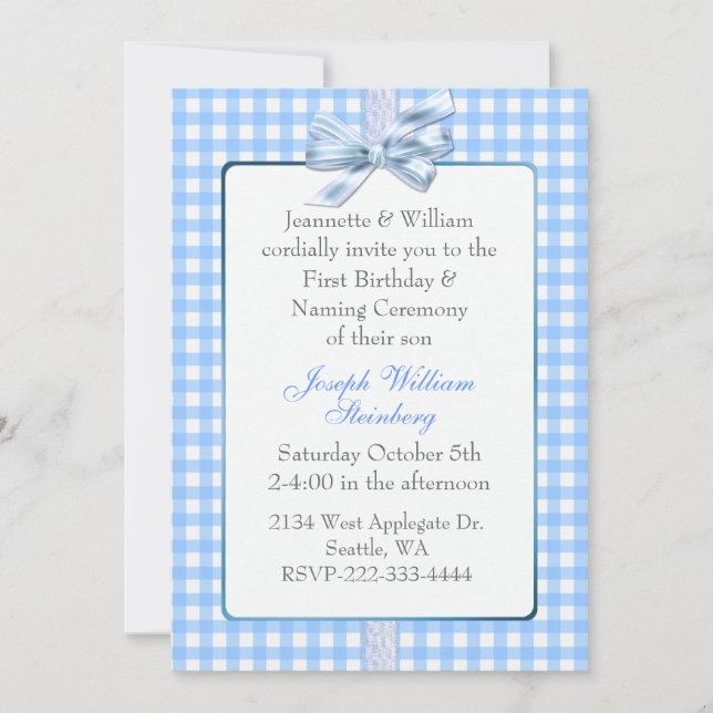 Blue Gingham Baby's Birthday and Naming Ceremony Invitation (Front)