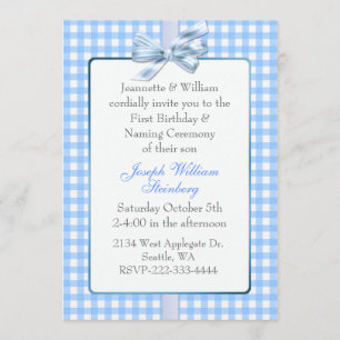 Blue Gingham Baby's Birthday and Naming Ceremony Invitation