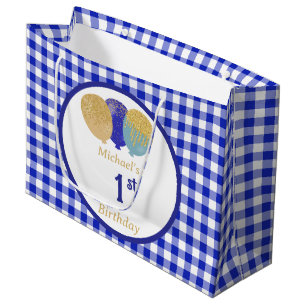 Blue Gingham Balloons Custom Multi Photo Birthday Large Gift Bag