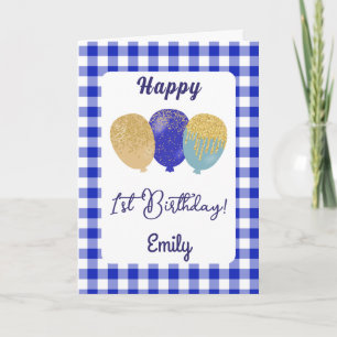 Blue Gingham Balloons Kids Birthday Greeting Card