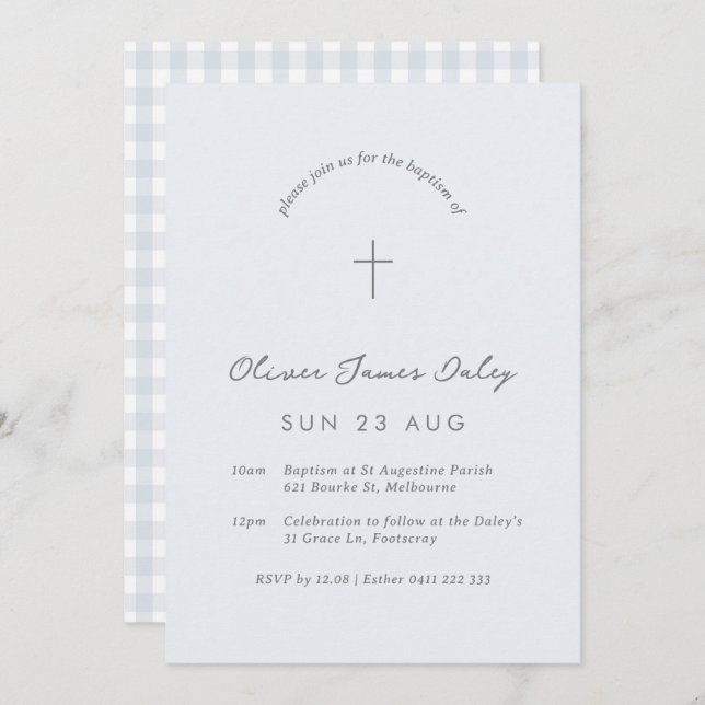 Blue Gingham Baptism Christening Cross Invitation (Front/Back)
