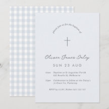 Blue Gingham Baptism Christening Cross Invitation