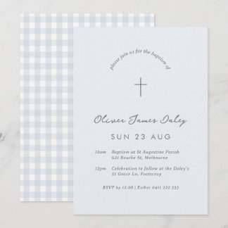 Blue Gingham Baptism Christening Cross Invitation