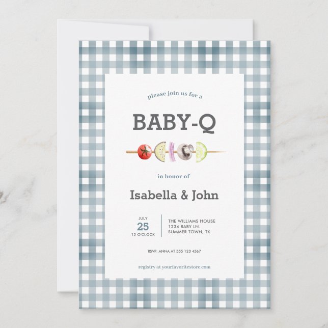 Blue Gingham Barbecue Baby Shower Invitation (Devant)