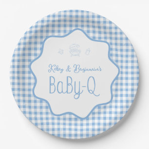 Blue Gingham Barbecue Boy BBQ Baby-Q Baby Shower  Paper Plate
