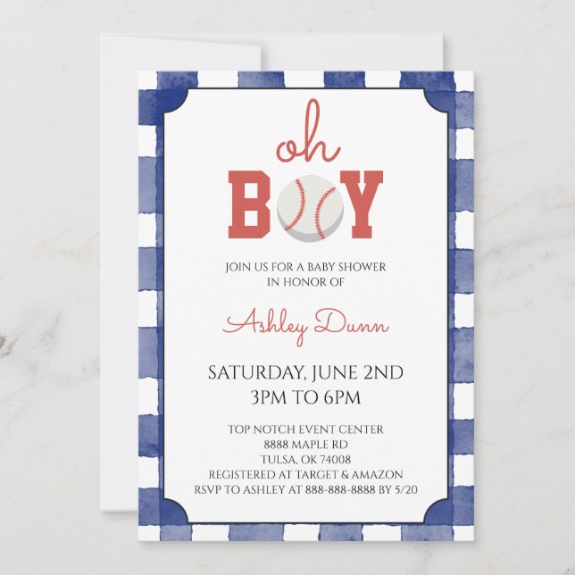 Blue Gingham Baseball Baby Shower Invitation (Front)