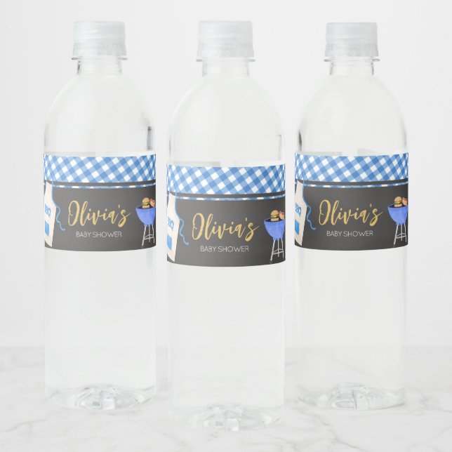 Blue Gingham BBQ Baby Shower Water Bottle Label (Bottles)