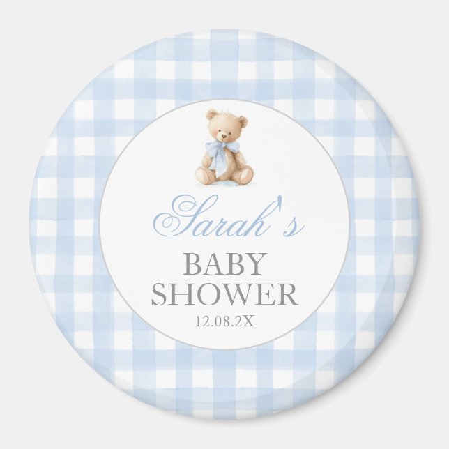 Blue Gingham Bear Baby Shower Magnet (Front)
