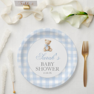 Blue Gingham Bear Baby Shower Paper Plate