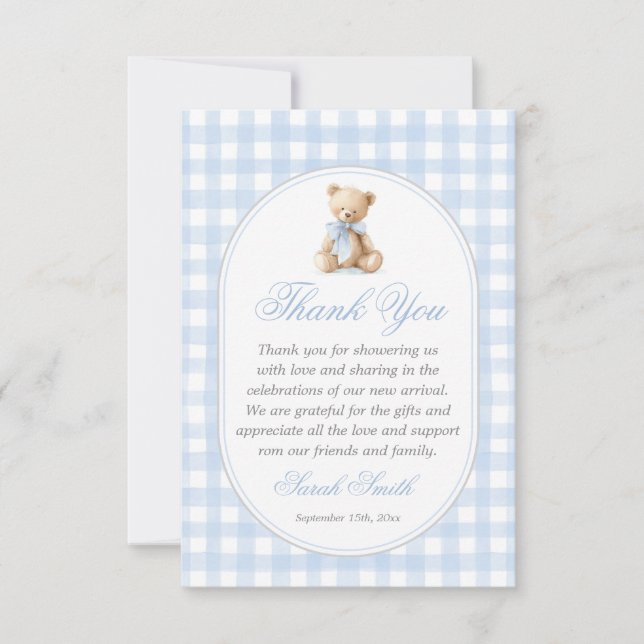 Blue Gingham Bear Grand millennial Thank You Card (Front)