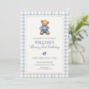 Blue Gingham Beary First Birthday Boy Teddy Bear  Invitation