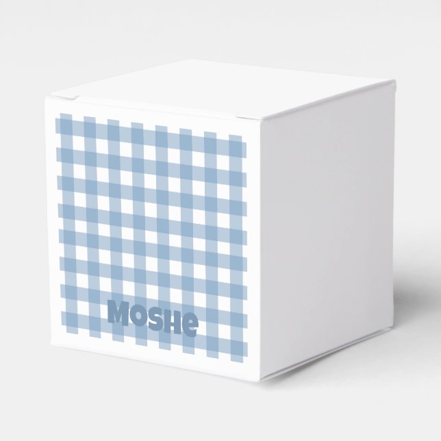 Blue gingham birthday party favour bag favor box (Front Side)