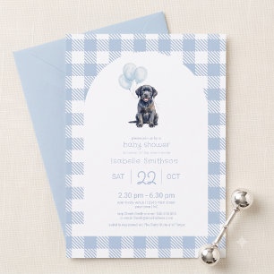 Blue Gingham Black Lab Puppy Dog Baby Shower Invitation