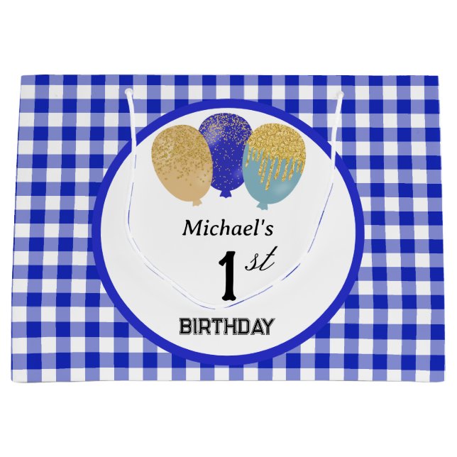 Blue Gingham & Blue Glitter Party Balloons Large Gift Bag (Front)