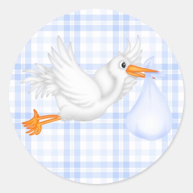 Blue Gingham Blue Stork Baby Shower Sticker (Front)