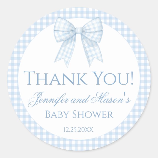 Blue gingham bow baby boy shower thank you sticker (Front)