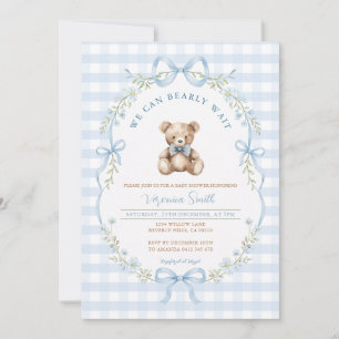 Blue Gingham Bow Bear Baby Shower Invitation