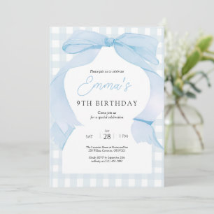 Blue Gingham Bow Birthday Invitation